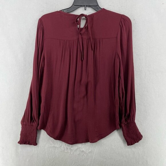Lucky Brand Blouse Women's XS Wine Red Keyhole Round Neck Puff Long Sleeve Flowy - Picture 2 of 11